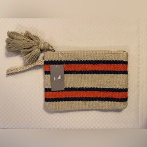 J. Jill NWT jute blue, orange & natural zip clutch bag w/tassel.